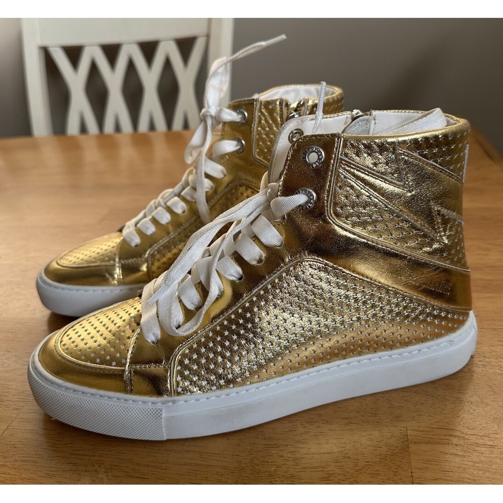 Zadig & Voltaire Sneakers Flash Metallic Leather High Top Gold Sz 9/ 39 New - Picture 2 of 10